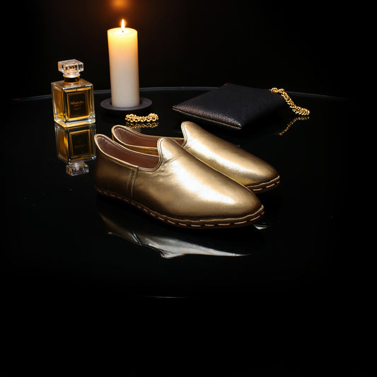 Handmade Women’s Gold Leather Loafers – Crafted for Timeless Elegance