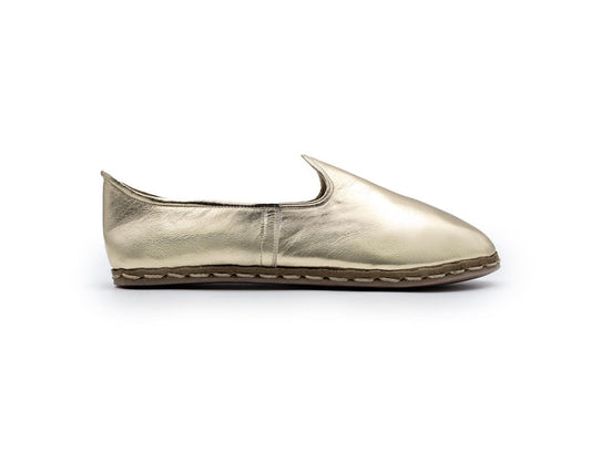 Handmade Women’s Gold Leather Loafers – Crafted for Timeless Elegance